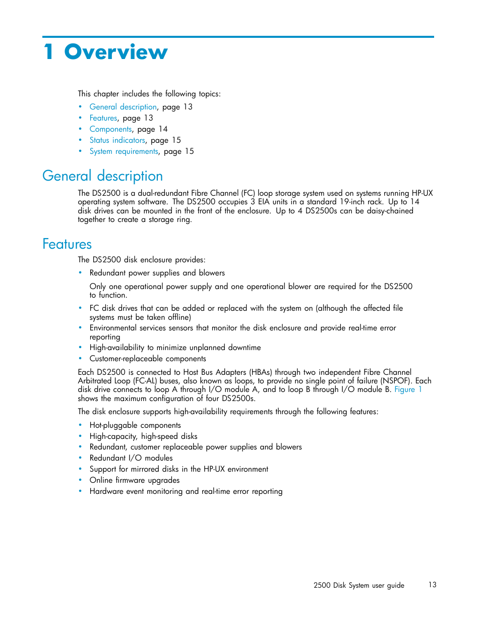 Overview, General description, Features | 1 overview | HP StorageWorks 2500 Disk System User Manual | Page 13 / 89