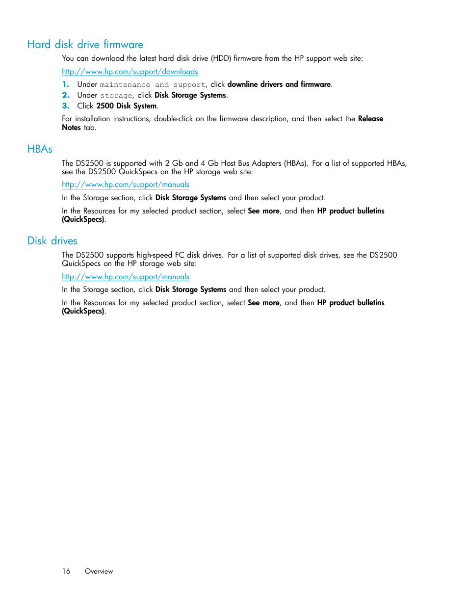 Hard disk drive firmware, Hbas, Disk drives | HP StorageWorks 2500 Disk System User Manual | Page 16 / 89