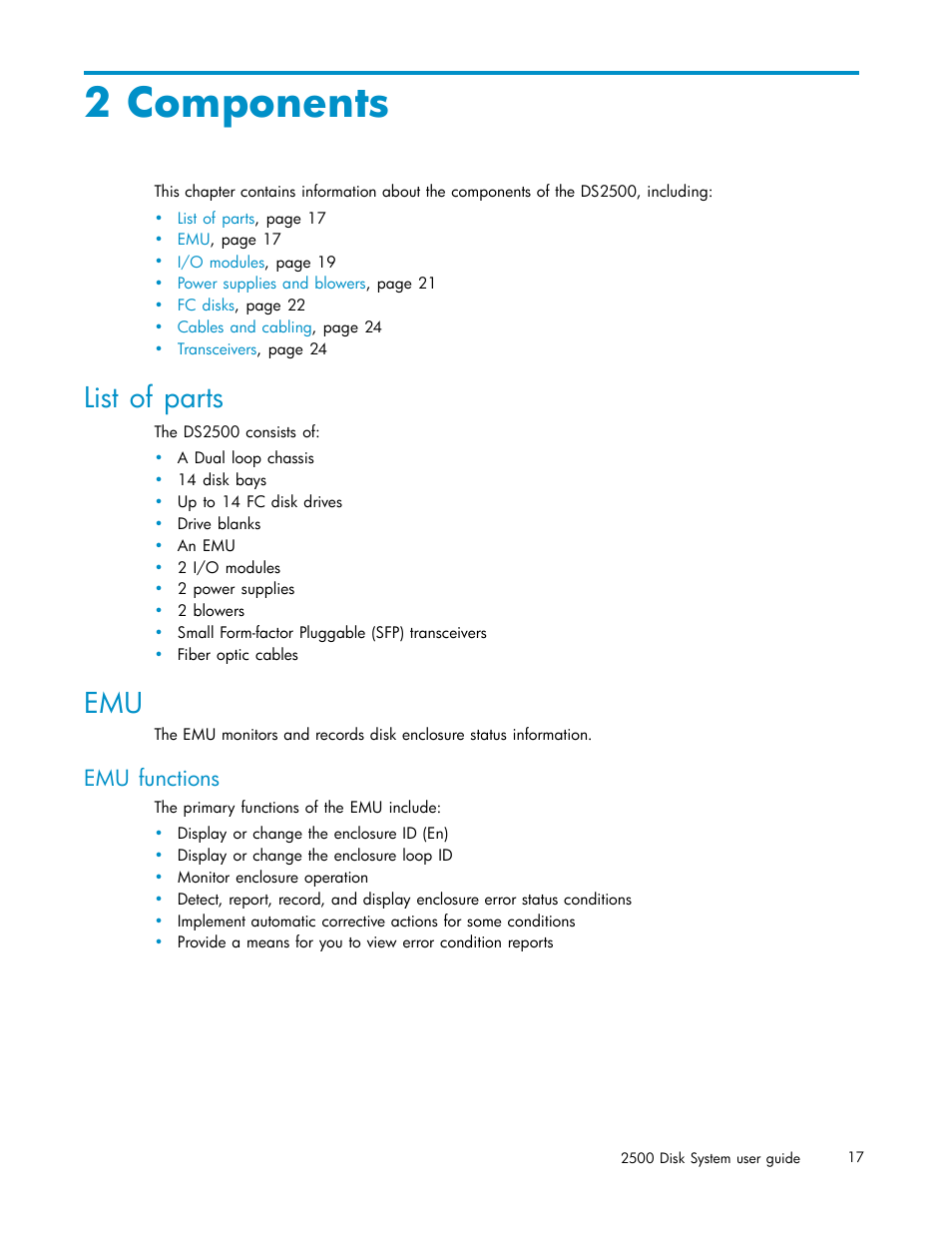 Components, List of parts, 2 components | Emu functions | HP StorageWorks 2500 Disk System User Manual | Page 17 / 89