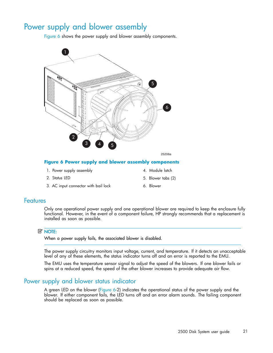 Power supply and blower assembly, Features, Power supply and blower status indicator | Power supply and blower assembly components, Power supplies and blowers | HP StorageWorks 2500 Disk System User Manual | Page 21 / 89