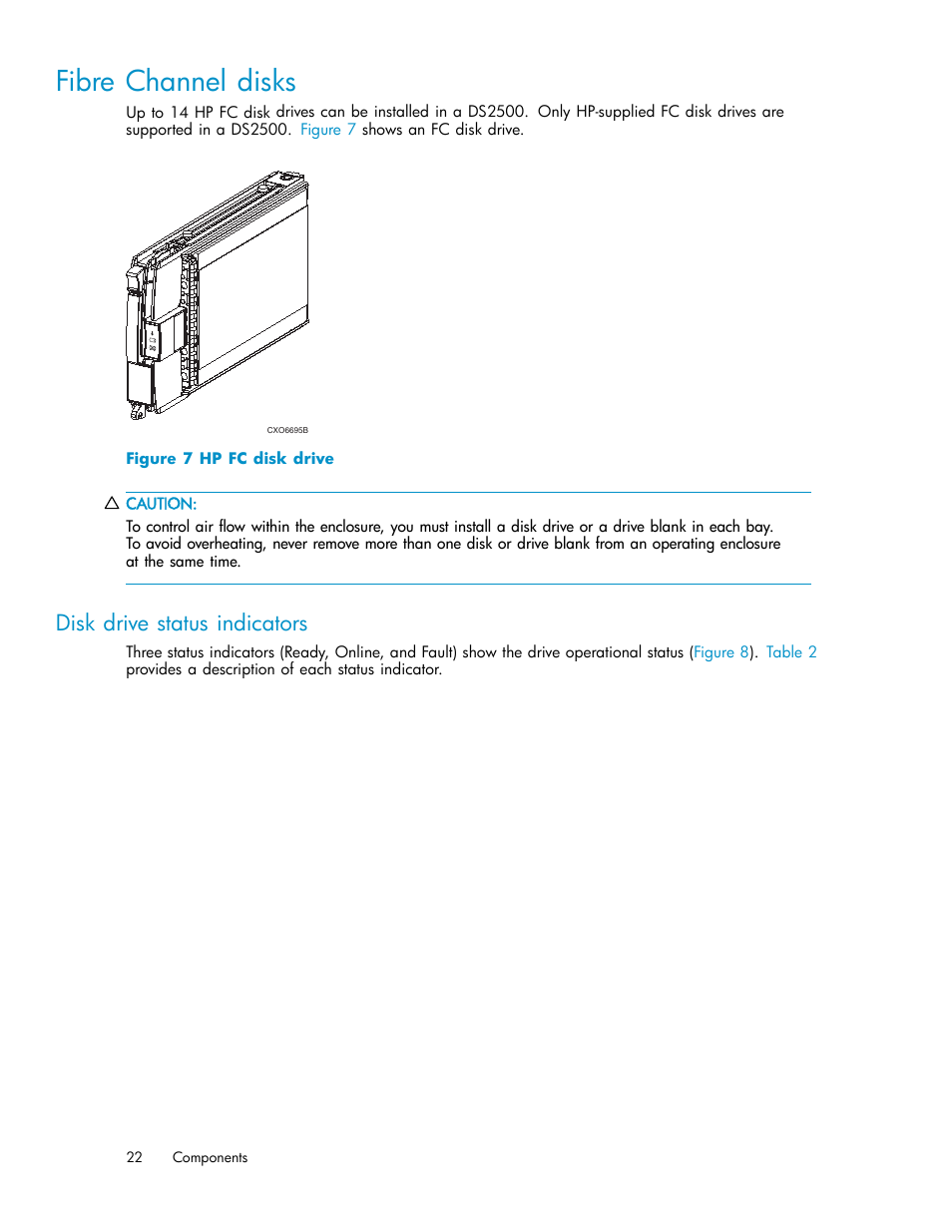 Fibre channel disks, Disk drive status indicators, Hp fc disk drive | Fc disks | HP StorageWorks 2500 Disk System User Manual | Page 22 / 89