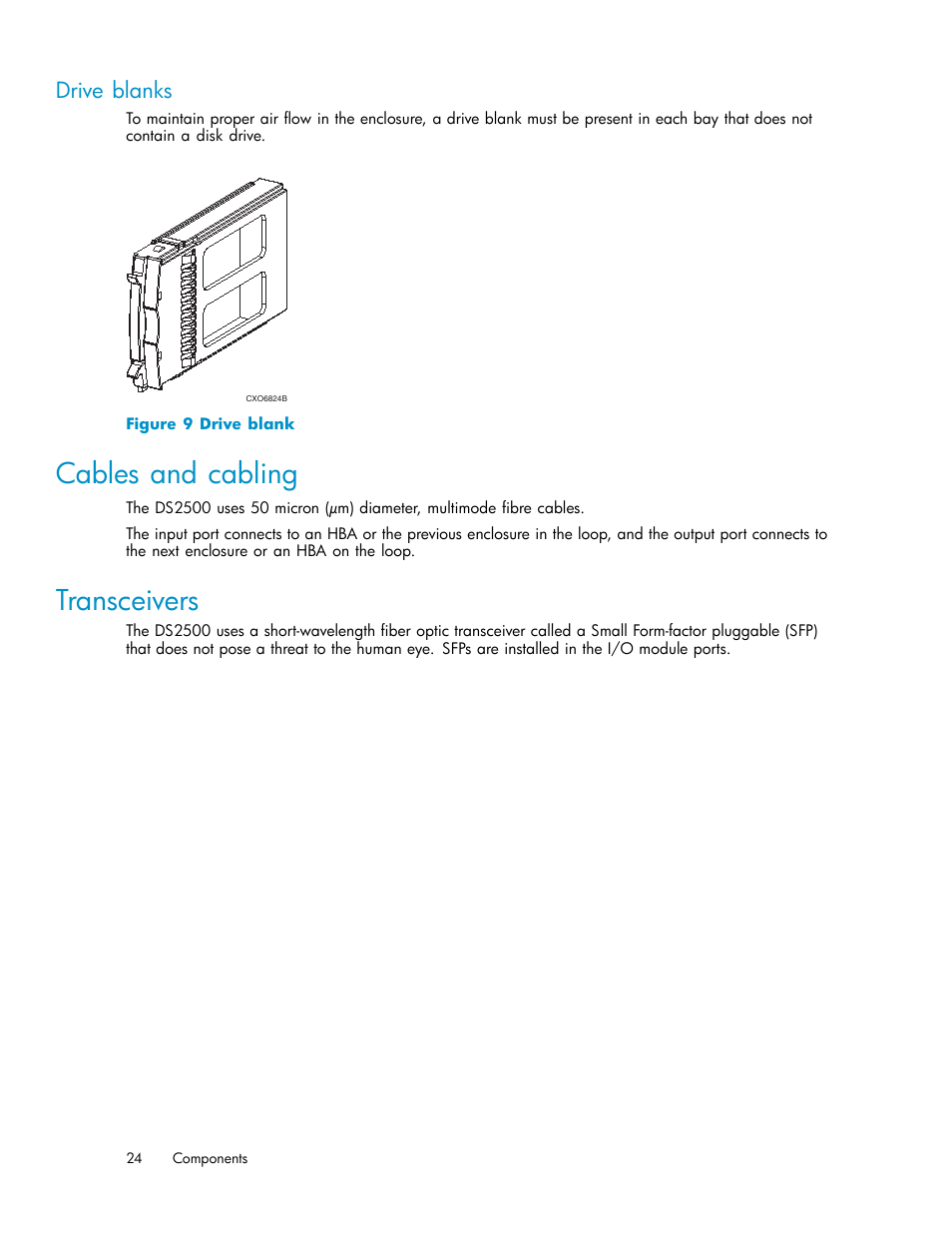 Cables and cabling, Transceivers, Drive blanks | Drive blank | HP StorageWorks 2500 Disk System User Manual | Page 24 / 89