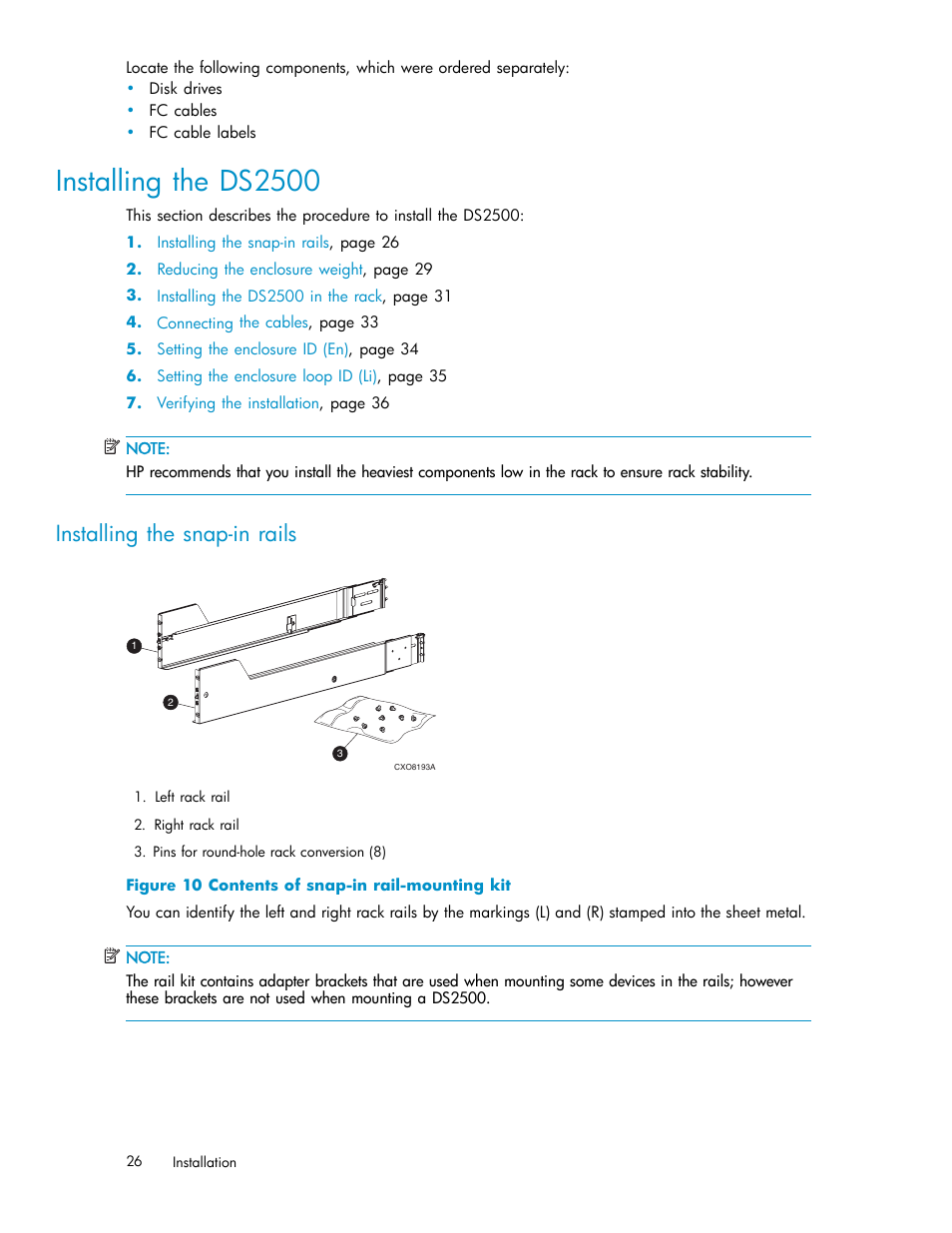 Installing the ds2500, Installing the snap-in rails, Contents of snap-in rail-mounting kit | HP StorageWorks 2500 Disk System User Manual | Page 26 / 89