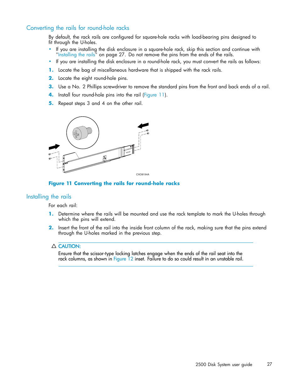 Converting the rails for round-hole racks, Installing the rails | HP StorageWorks 2500 Disk System User Manual | Page 27 / 89