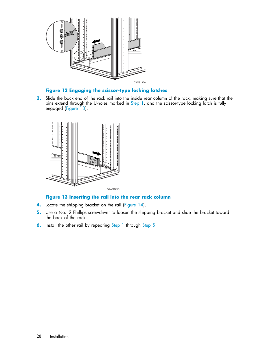 Engaging the scissor-type locking latches, Inserting the rail into the rear rack column, Figure 12 | HP StorageWorks 2500 Disk System User Manual | Page 28 / 89