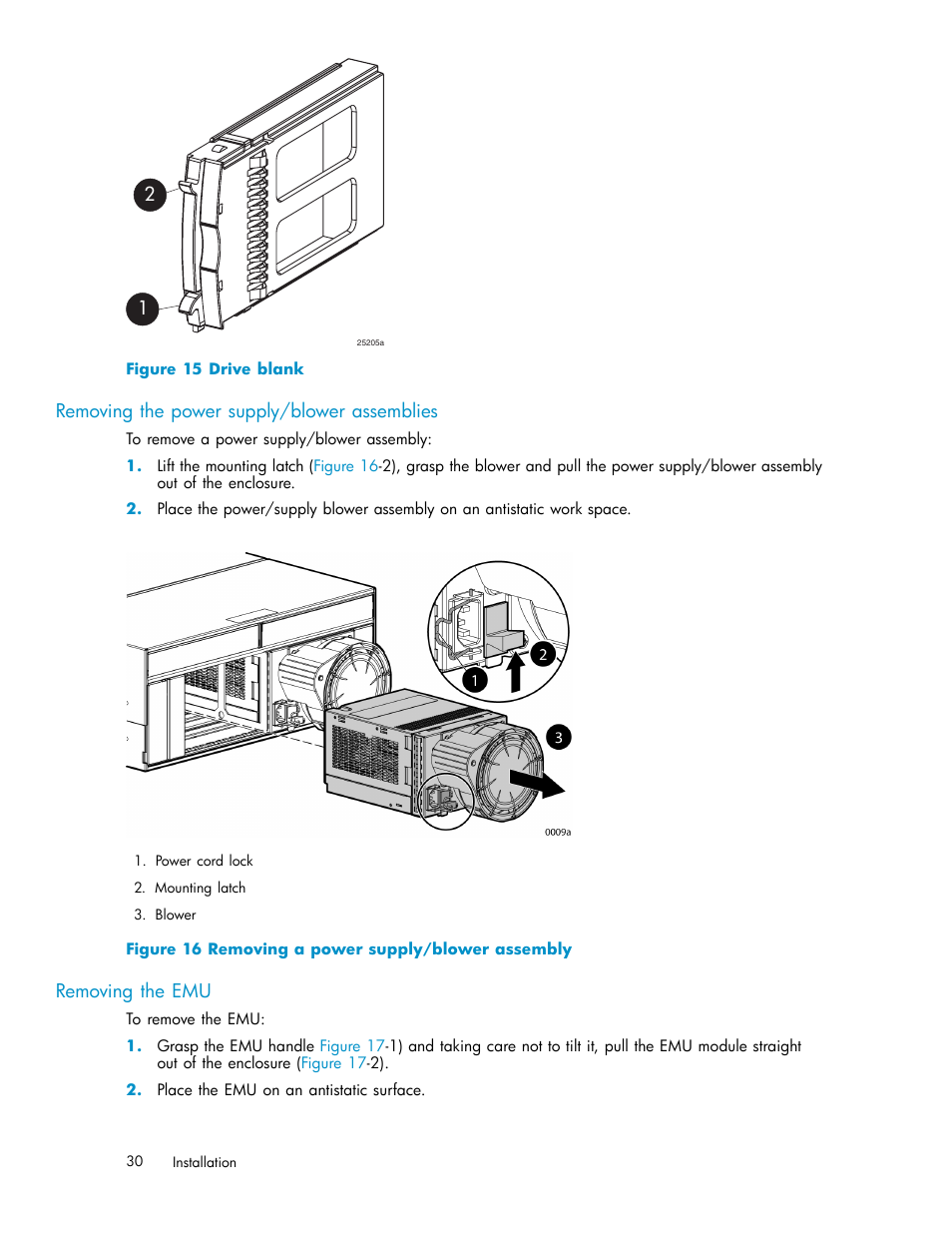 Removing the power supply/blower assemblies, Removing the emu, Drive blank | Removing a power supply/blower assembly | HP StorageWorks 2500 Disk System User Manual | Page 30 / 89