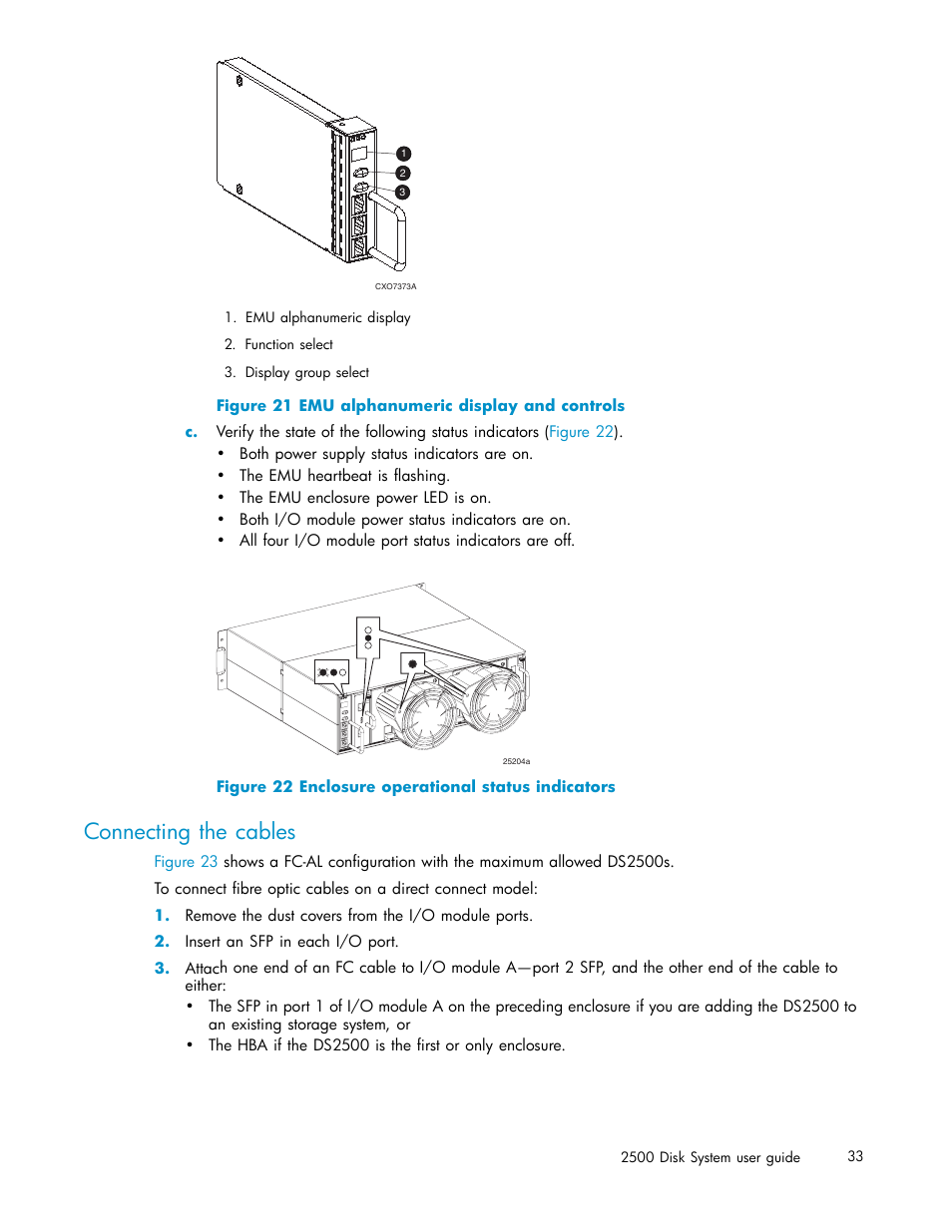 Connecting the cables, Emu alphanumeric display and controls, Enclosure operational status indicators | Figure 21 | HP StorageWorks 2500 Disk System User Manual | Page 33 / 89