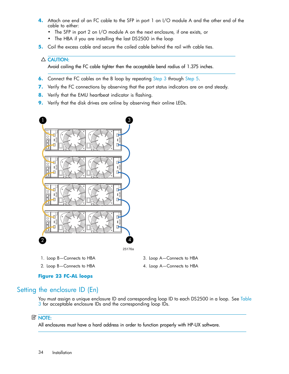 Setting the enclosure id (en), Fc-al loops | HP StorageWorks 2500 Disk System User Manual | Page 34 / 89