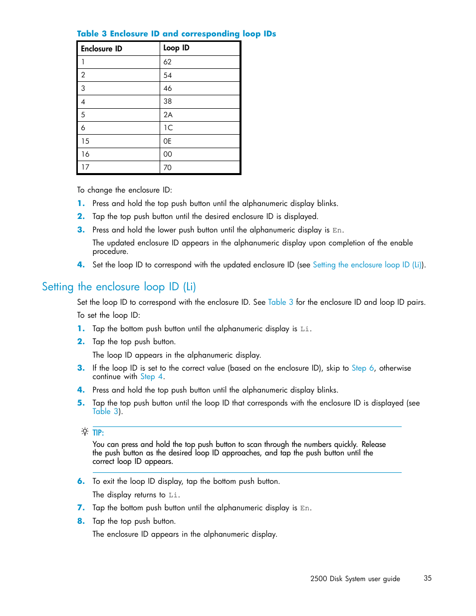 Setting the enclosure loop id (li), Enclosure id and corresponding loop ids, Table | For acceptable | HP StorageWorks 2500 Disk System User Manual | Page 35 / 89