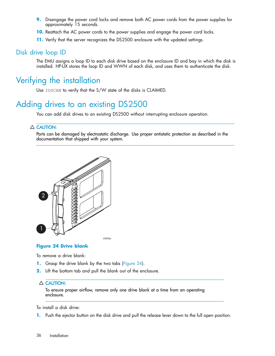 Verifying the installation, Adding drives to an existing ds2500, Disk drive loop id | Drive blank | HP StorageWorks 2500 Disk System User Manual | Page 36 / 89