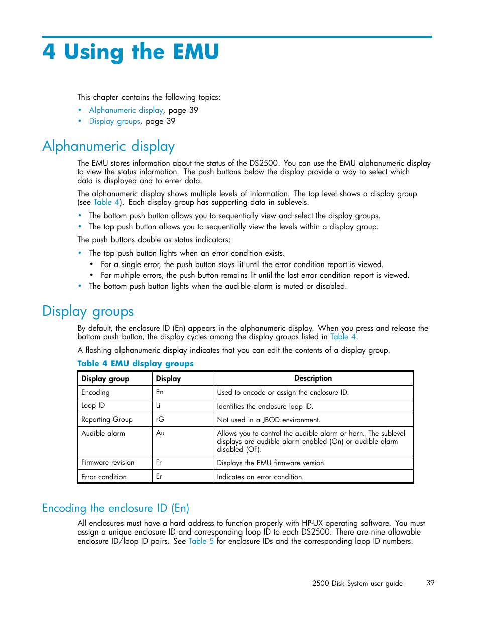 Using the emu, Alphanumeric display, Display groups | 4 using the emu, Encoding the enclosure id (en), Emu display groups | HP StorageWorks 2500 Disk System User Manual | Page 39 / 89