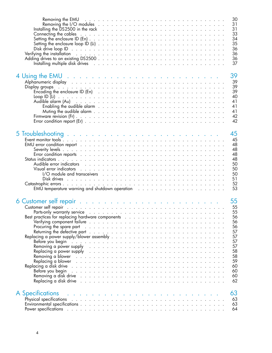4 using the emu, 5 troubleshooting, 6 customer self repair | A specifications | HP StorageWorks 2500 Disk System User Manual | Page 4 / 89