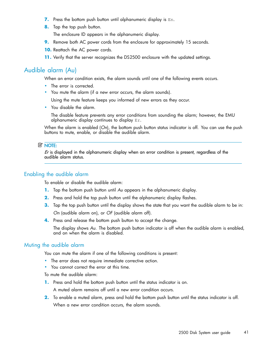 Audible alarm (au), Enabling the audible alarm, Muting the audible alarm | HP StorageWorks 2500 Disk System User Manual | Page 41 / 89