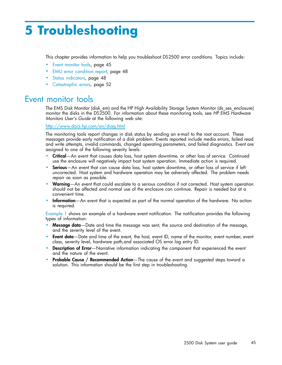 Troubleshooting, Event monitor tools, 5 troubleshooting | HP StorageWorks 2500 Disk System User Manual | Page 45 / 89