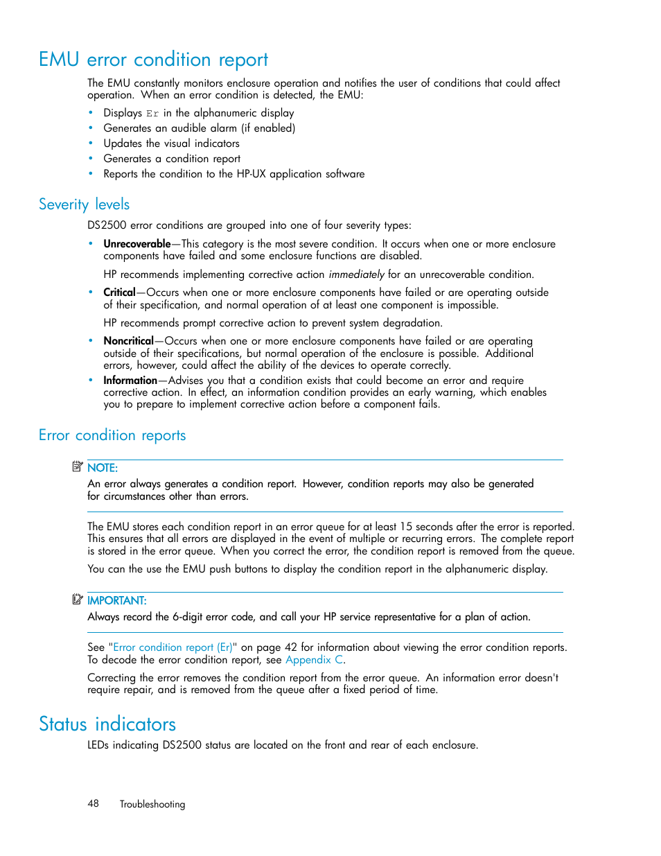 Emu error condition report, Status indicators, Severity levels | Error condition reports | HP StorageWorks 2500 Disk System User Manual | Page 48 / 89