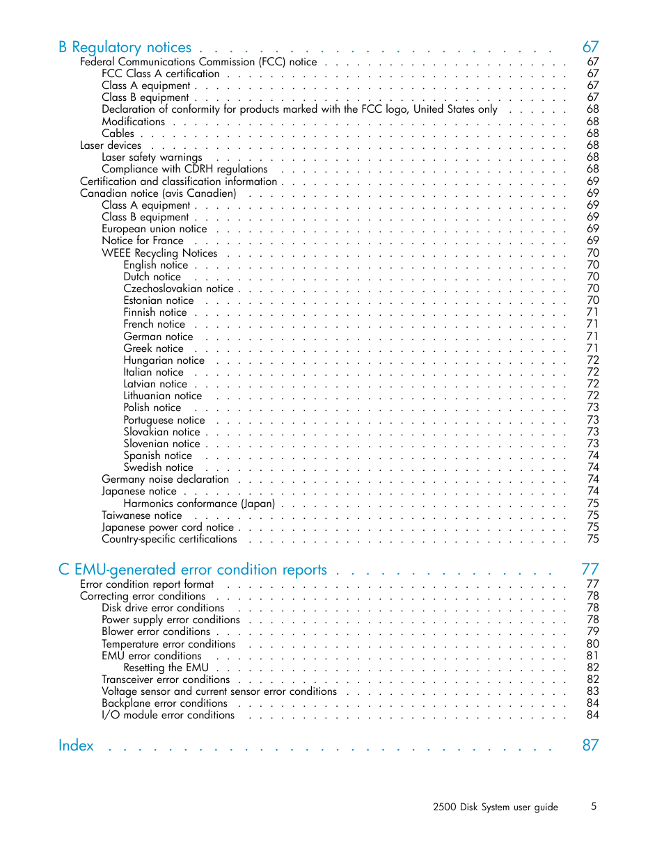 B regulatory notices, C emu-generated error condition reports, Index | HP StorageWorks 2500 Disk System User Manual | Page 5 / 89