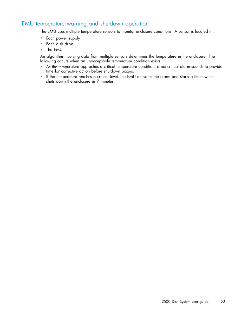 Emu temperature warning and shutdown operation | HP StorageWorks 2500 Disk System User Manual | Page 53 / 89