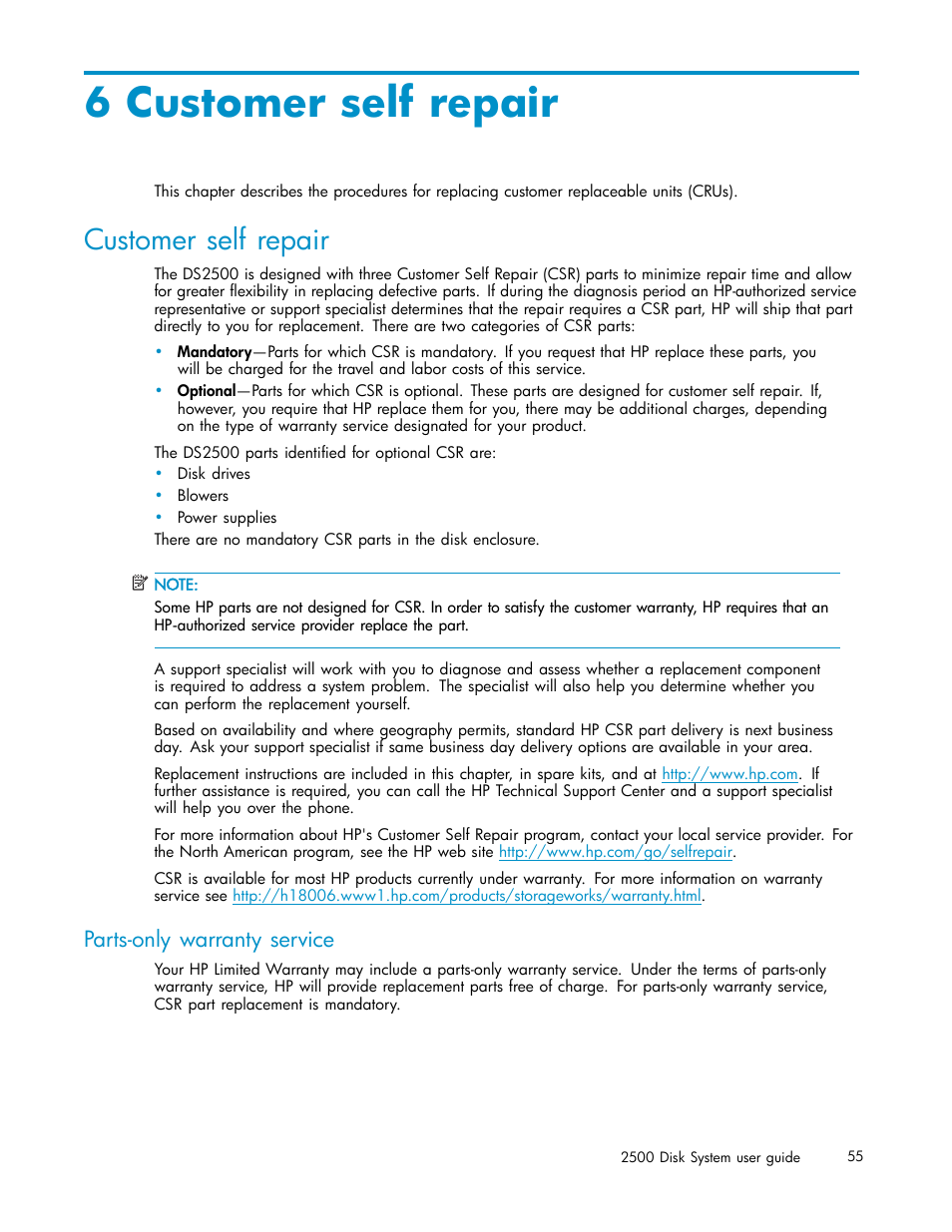 Customer self repair, 6 customer self repair, Parts-only warranty service | HP StorageWorks 2500 Disk System User Manual | Page 55 / 89
