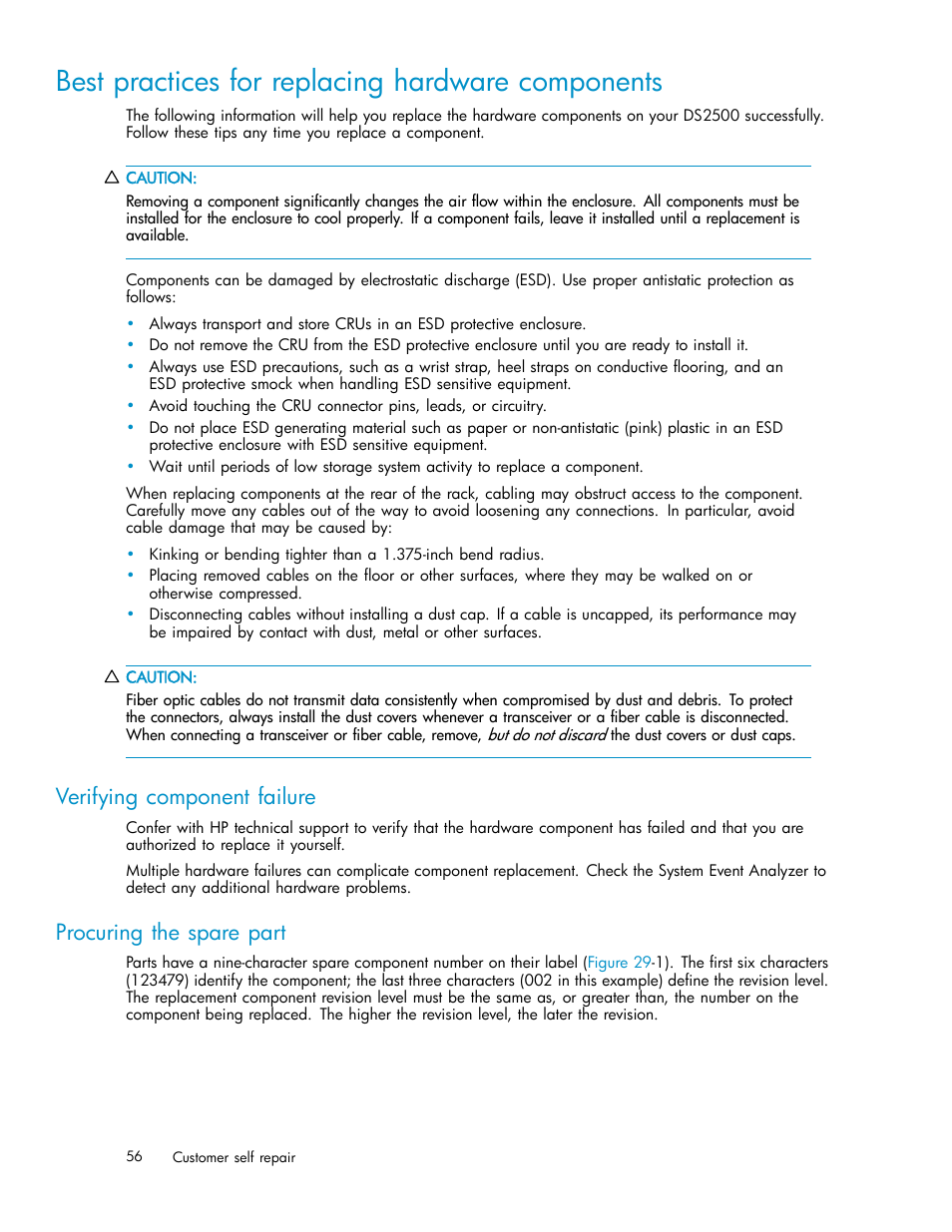 Best practices for replacing hardware components, Verifying component failure, Procuring the spare part | HP StorageWorks 2500 Disk System User Manual | Page 56 / 89