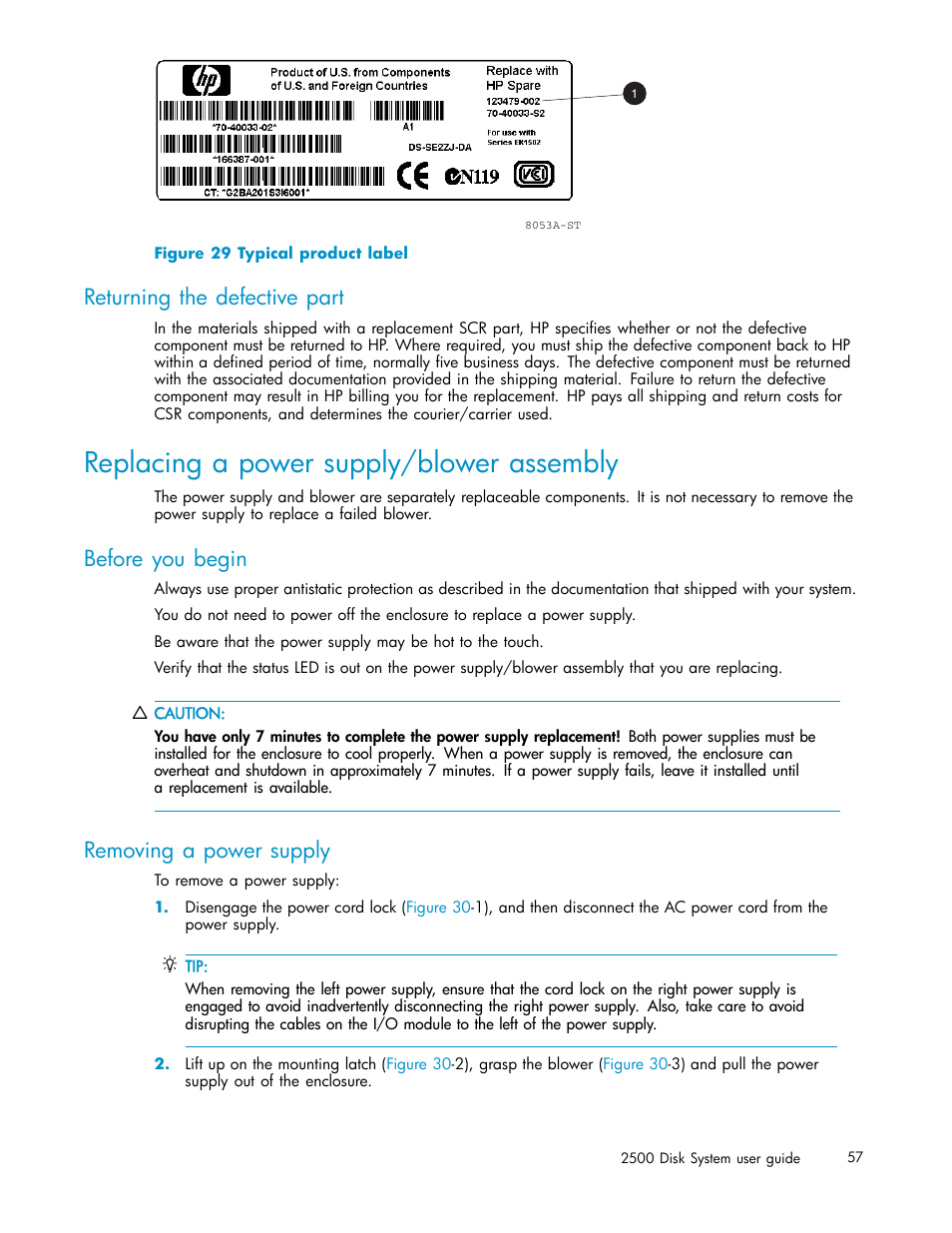 Replacing a power supply/blower assembly, Returning the defective part, Before you begin | Removing a power supply, Typical product label | HP StorageWorks 2500 Disk System User Manual | Page 57 / 89