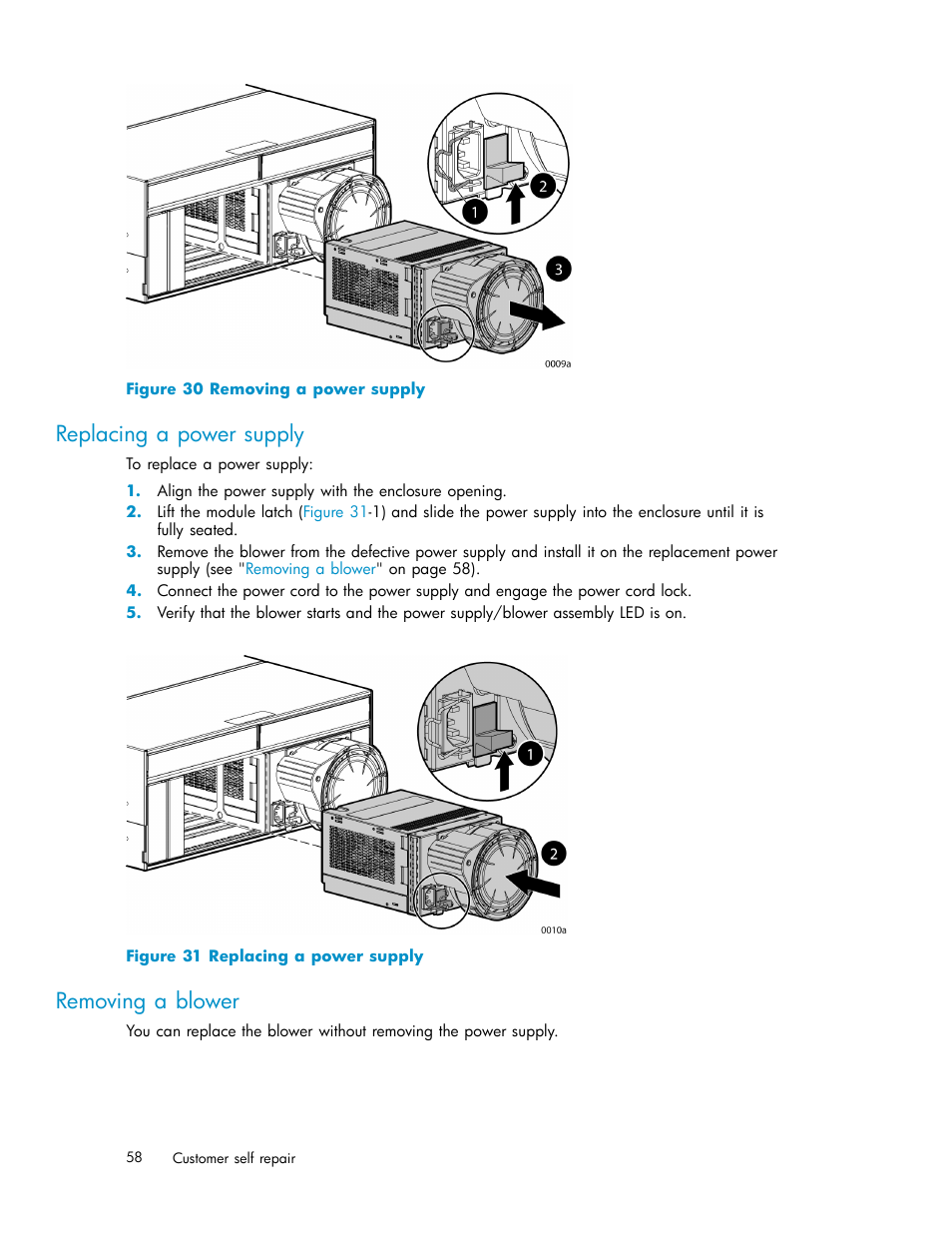 Replacing a power supply, Removing a blower, Removing a power supply | Figure 30 | HP StorageWorks 2500 Disk System User Manual | Page 58 / 89