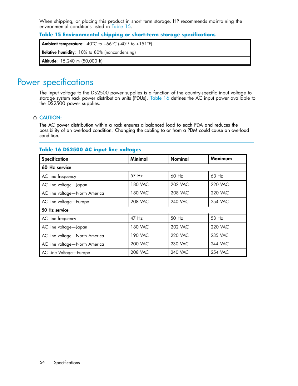 Power specifications, Ds2500 ac input line voltages | HP StorageWorks 2500 Disk System User Manual | Page 64 / 89