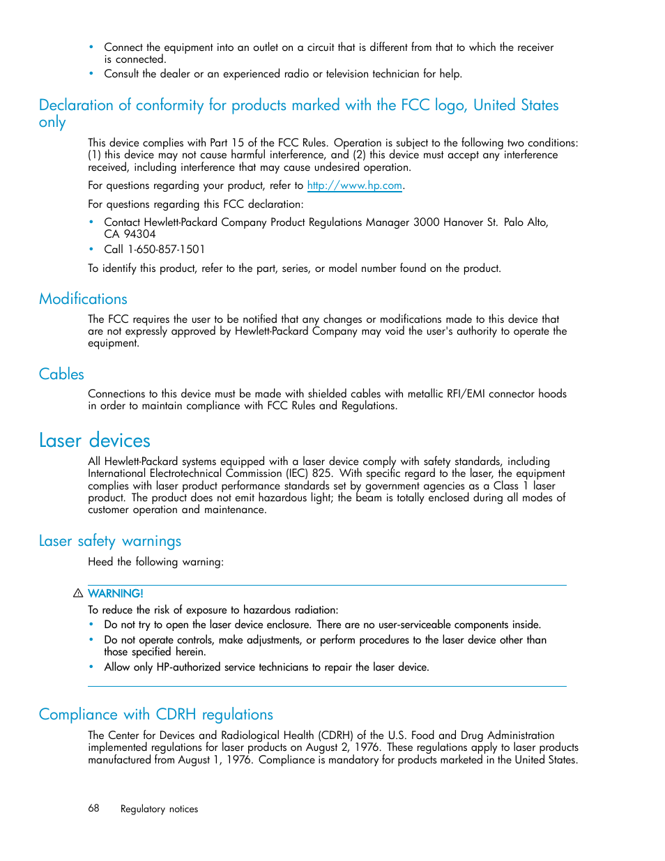 Laser devices, Modifications, Cables | Laser safety warnings, Compliance with cdrh regulations | HP StorageWorks 2500 Disk System User Manual | Page 68 / 89