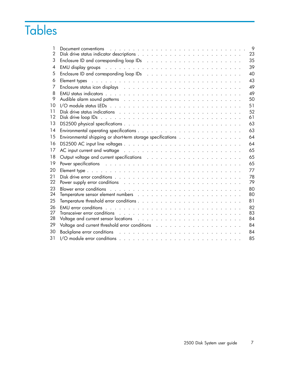 Tables | HP StorageWorks 2500 Disk System User Manual | Page 7 / 89