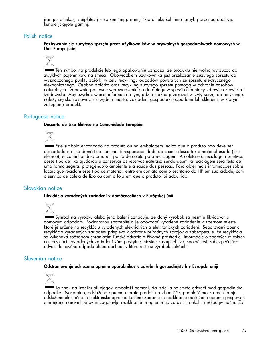 Polish notice, Portuguese notice, Slovakian notice | Slovenian notice | HP StorageWorks 2500 Disk System User Manual | Page 73 / 89