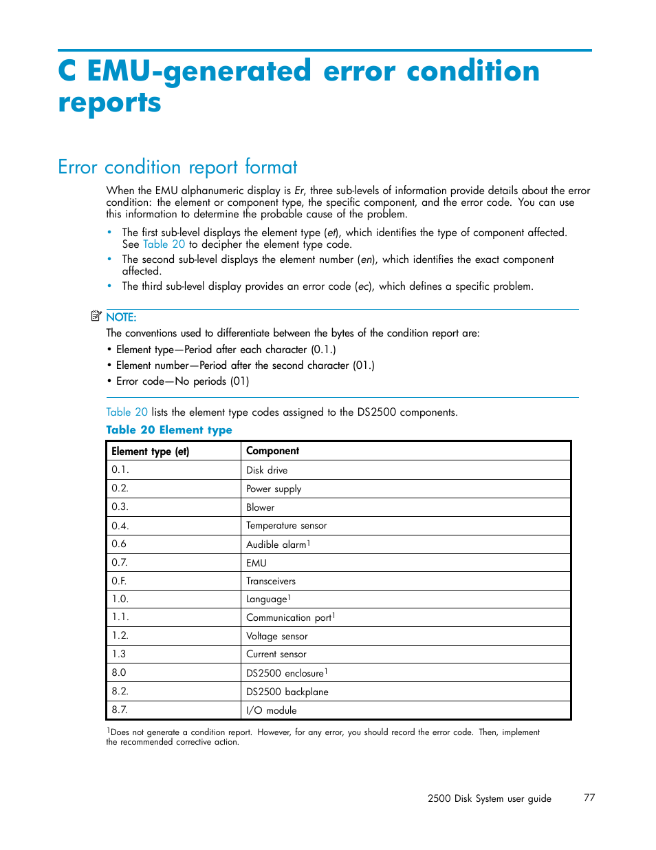 Emu-generated error conditionreports, Error condition report format, C emu-generated error condition reports | Element type, Appendix c | HP StorageWorks 2500 Disk System User Manual | Page 77 / 89