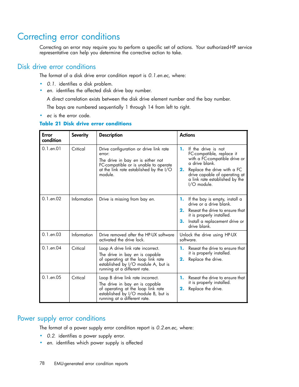 Correcting error conditions, Disk drive error conditions, Power supply error conditions | HP StorageWorks 2500 Disk System User Manual | Page 78 / 89