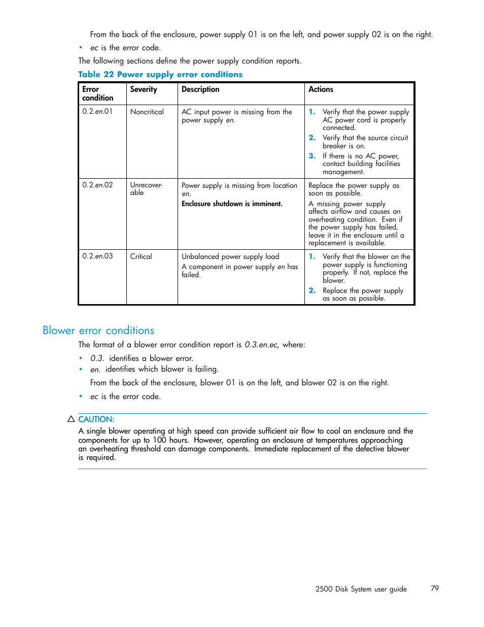 Blower error conditions, Power supply error conditions | HP StorageWorks 2500 Disk System User Manual | Page 79 / 89