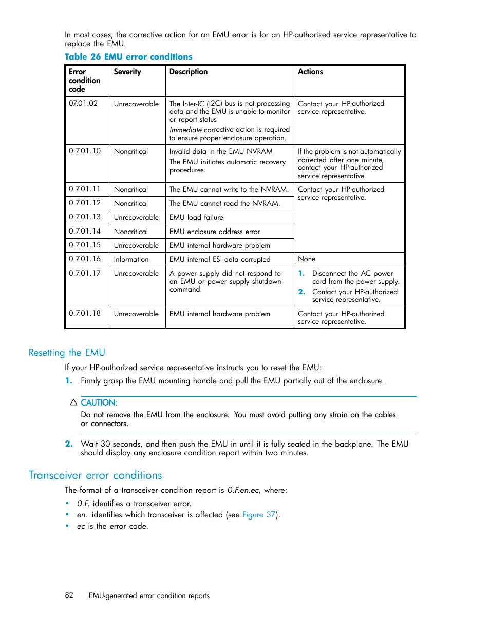 Resetting the emu, Transceiver error conditions, Emu error conditions | HP StorageWorks 2500 Disk System User Manual | Page 82 / 89