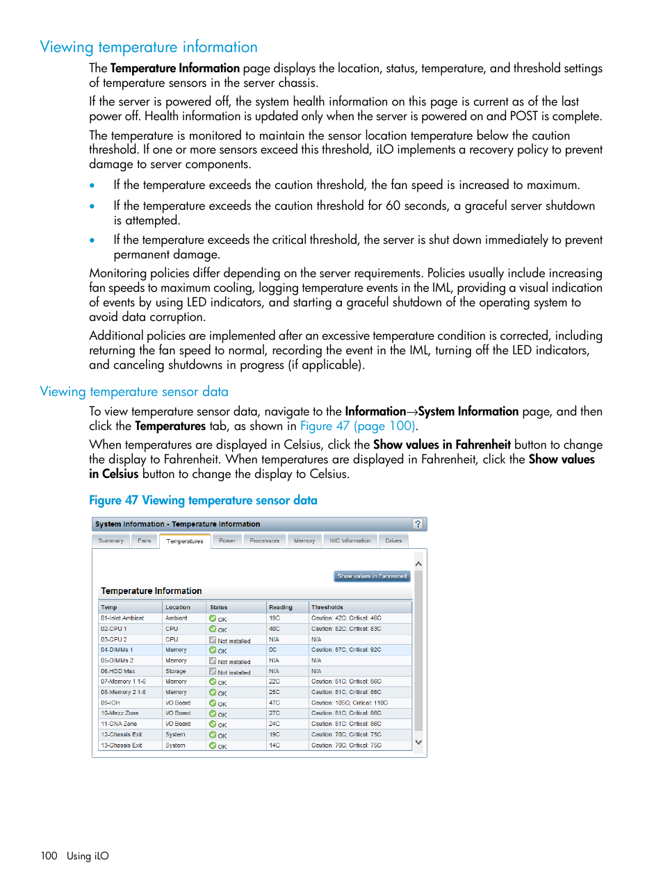 Viewing temperature information, Viewing temperature sensor data | HP Integrated Lights-Out 3 User Manual | Page 100 / 256