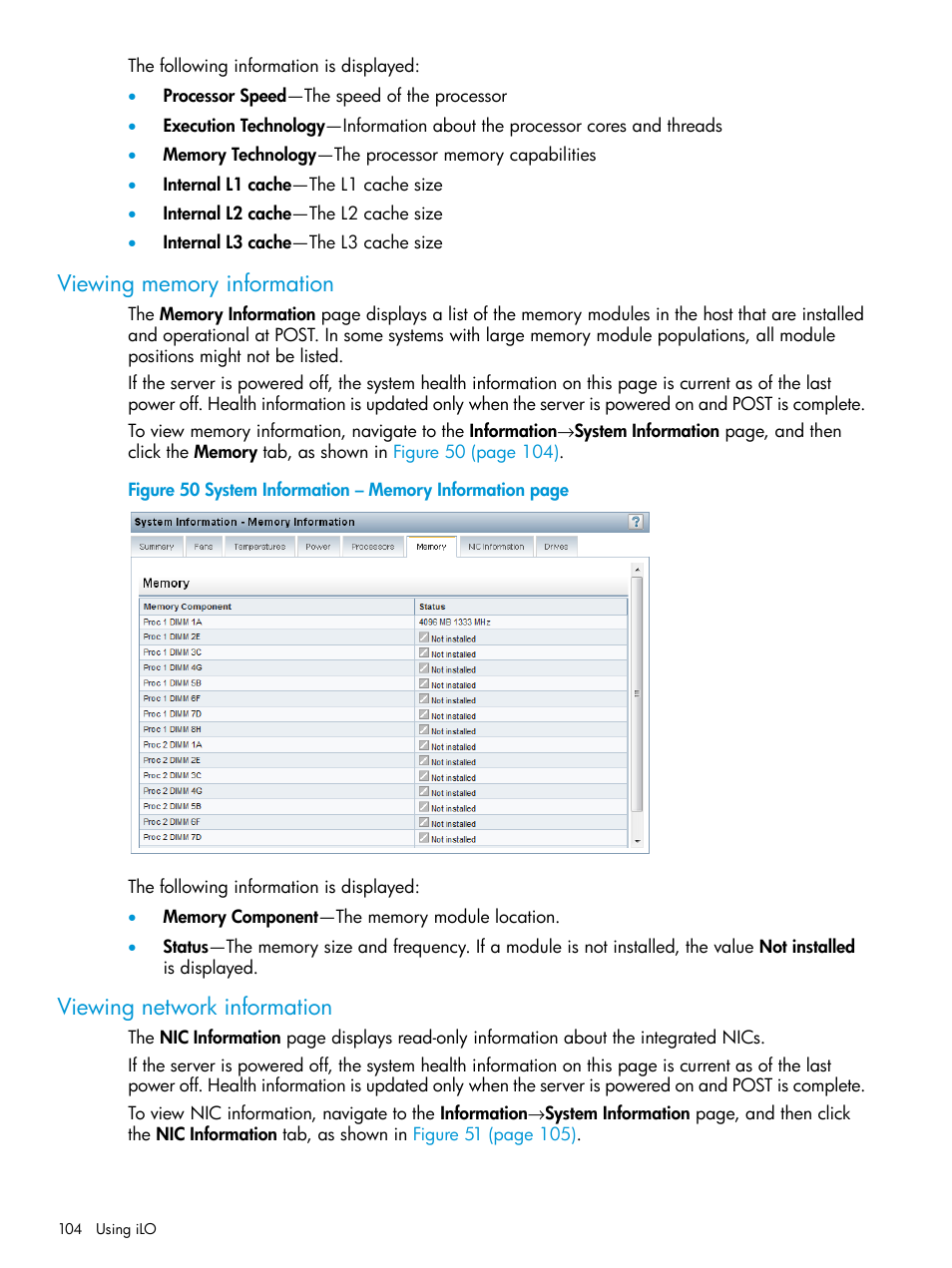 Viewing memory information, Viewing network information | HP Integrated Lights-Out 3 User Manual | Page 104 / 256