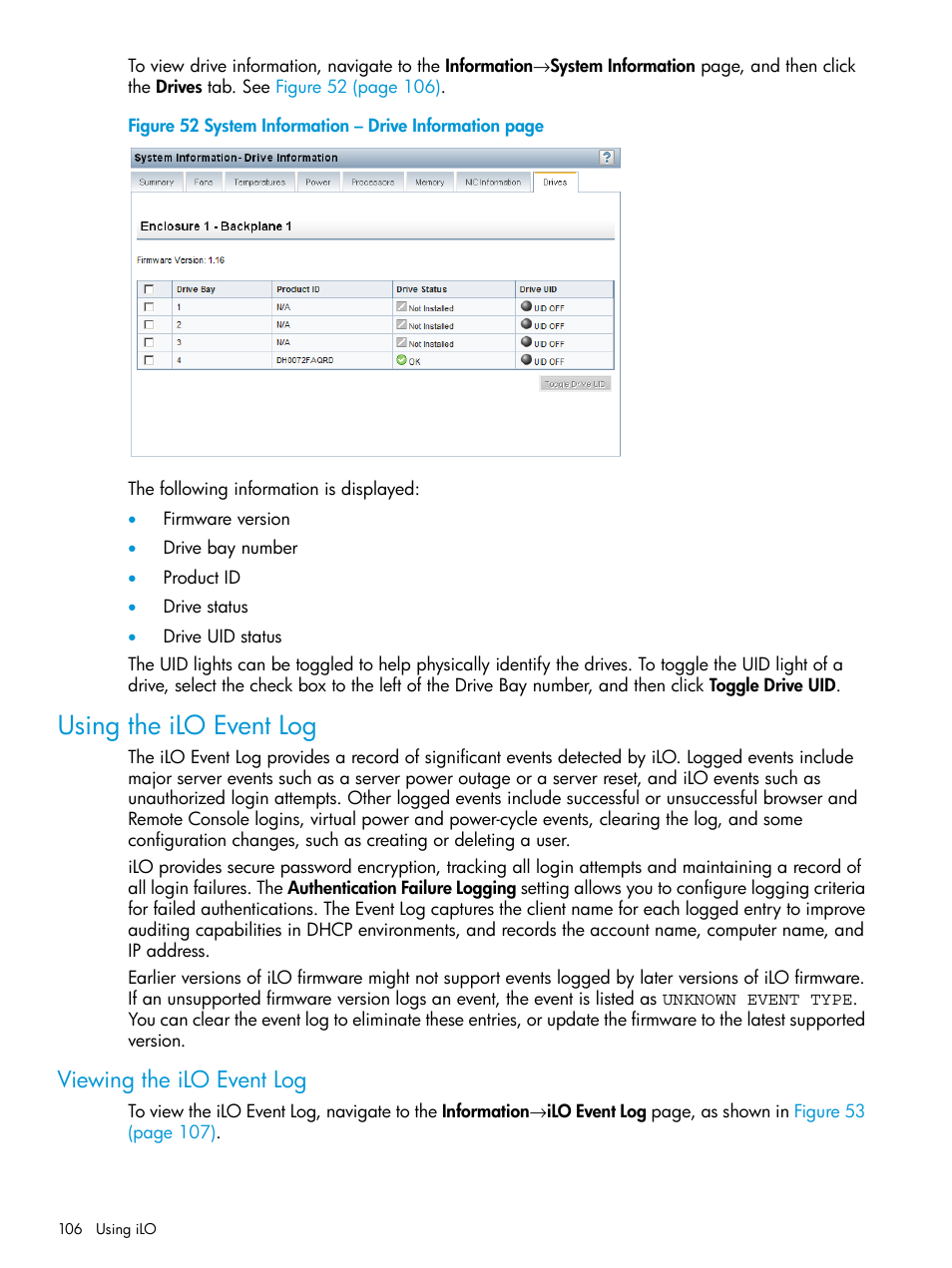 Using the ilo event log, Viewing the ilo event log | HP Integrated Lights-Out 3 User Manual | Page 106 / 256