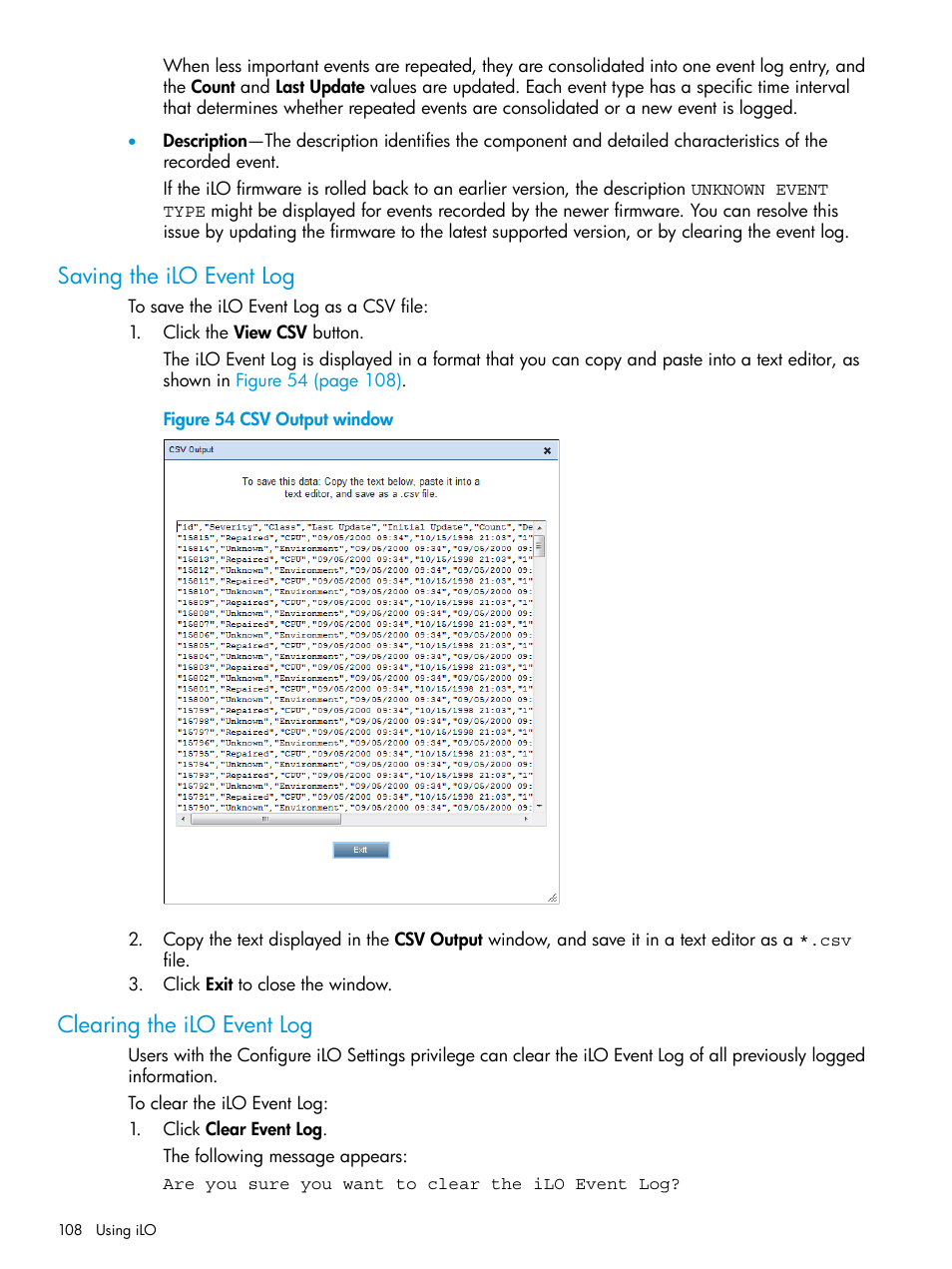 Saving the ilo event log, Clearing the ilo event log | HP Integrated Lights-Out 3 User Manual | Page 108 / 256