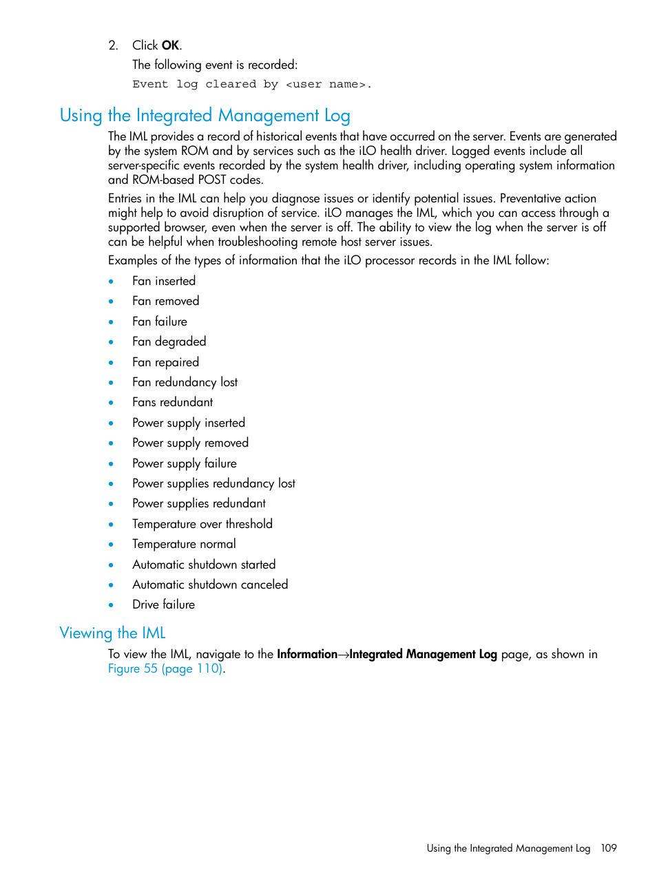 Using the integrated management log, Viewing the iml | HP Integrated Lights-Out 3 User Manual | Page 109 / 256