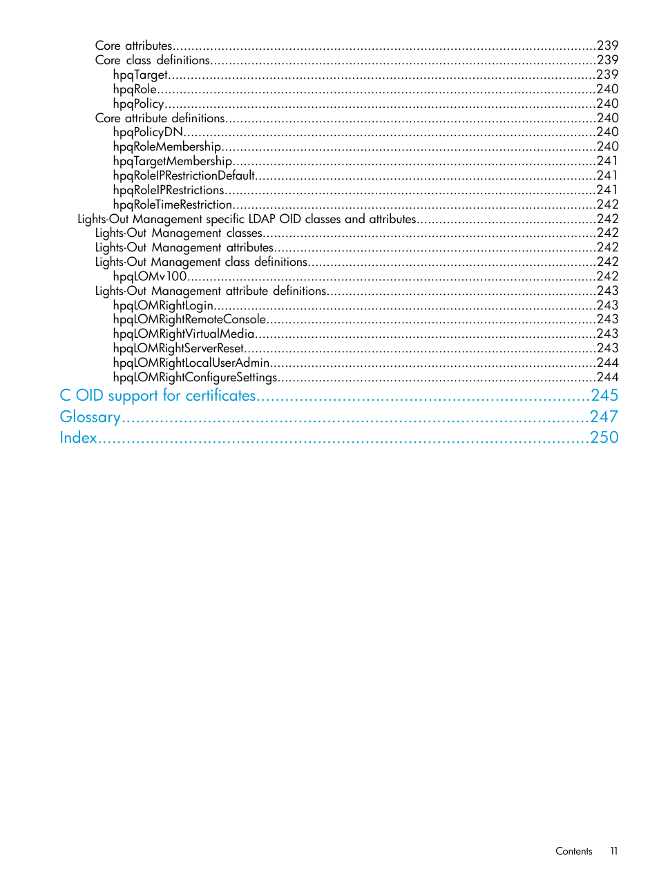 C oid support for certificates glossary index | HP Integrated Lights-Out 3 User Manual | Page 11 / 256