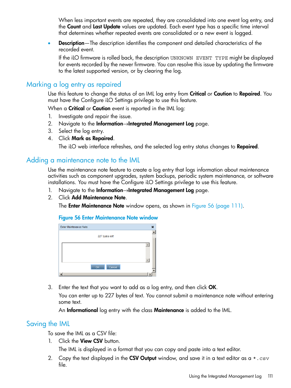 Marking a log entry as repaired, Adding a maintenance note to the iml, Saving the iml | HP Integrated Lights-Out 3 User Manual | Page 111 / 256
