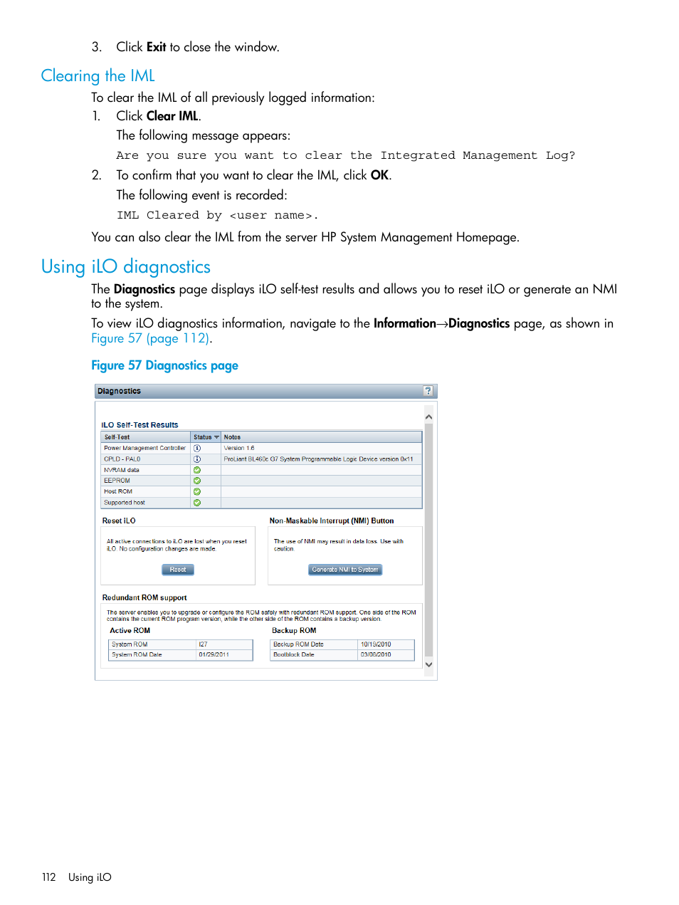 Clearing the iml, Using ilo diagnostics | HP Integrated Lights-Out 3 User Manual | Page 112 / 256
