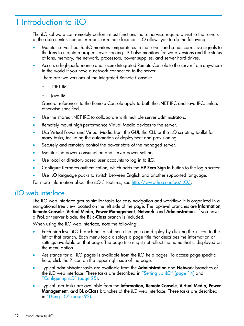 1 introduction to ilo, Ilo web interface | HP Integrated Lights-Out 3 User Manual | Page 12 / 256