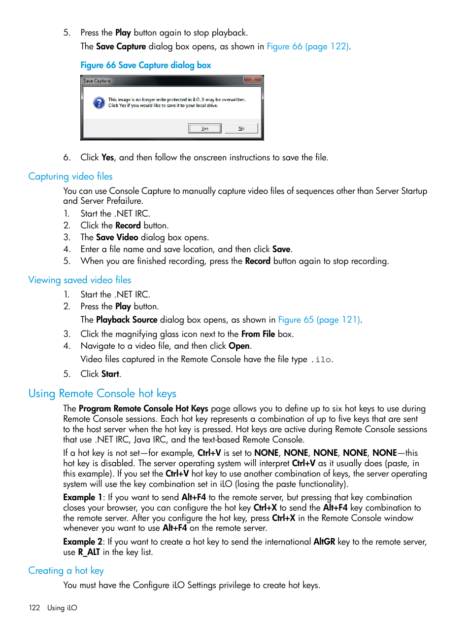 Capturing video files, Viewing saved video files, Using remote console hot keys | Creating a hot key, Capturing video files viewing saved video files | HP Integrated Lights-Out 3 User Manual | Page 122 / 256