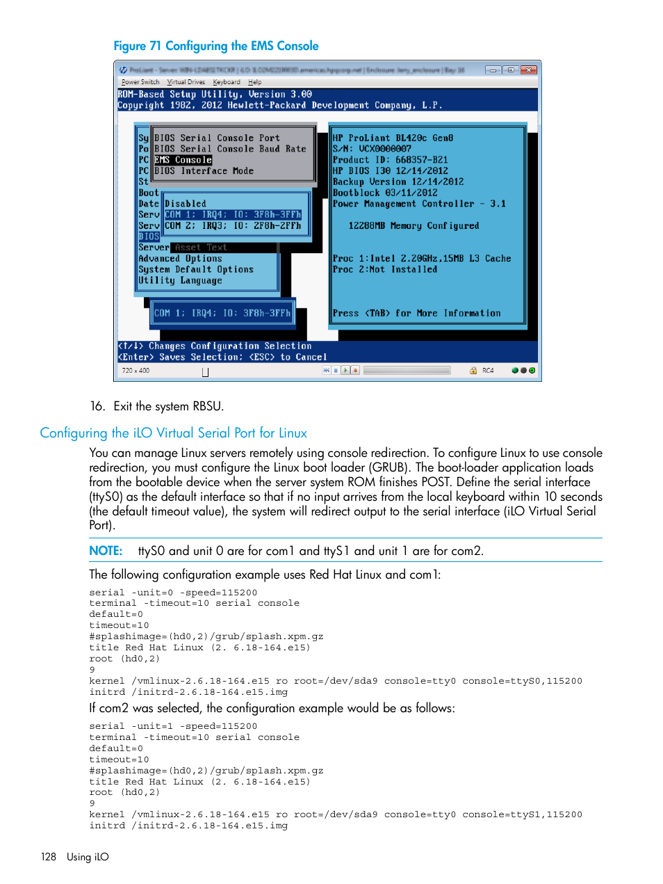Configuring the ilo virtual serial port for linux | HP Integrated Lights-Out 3 User Manual | Page 128 / 256