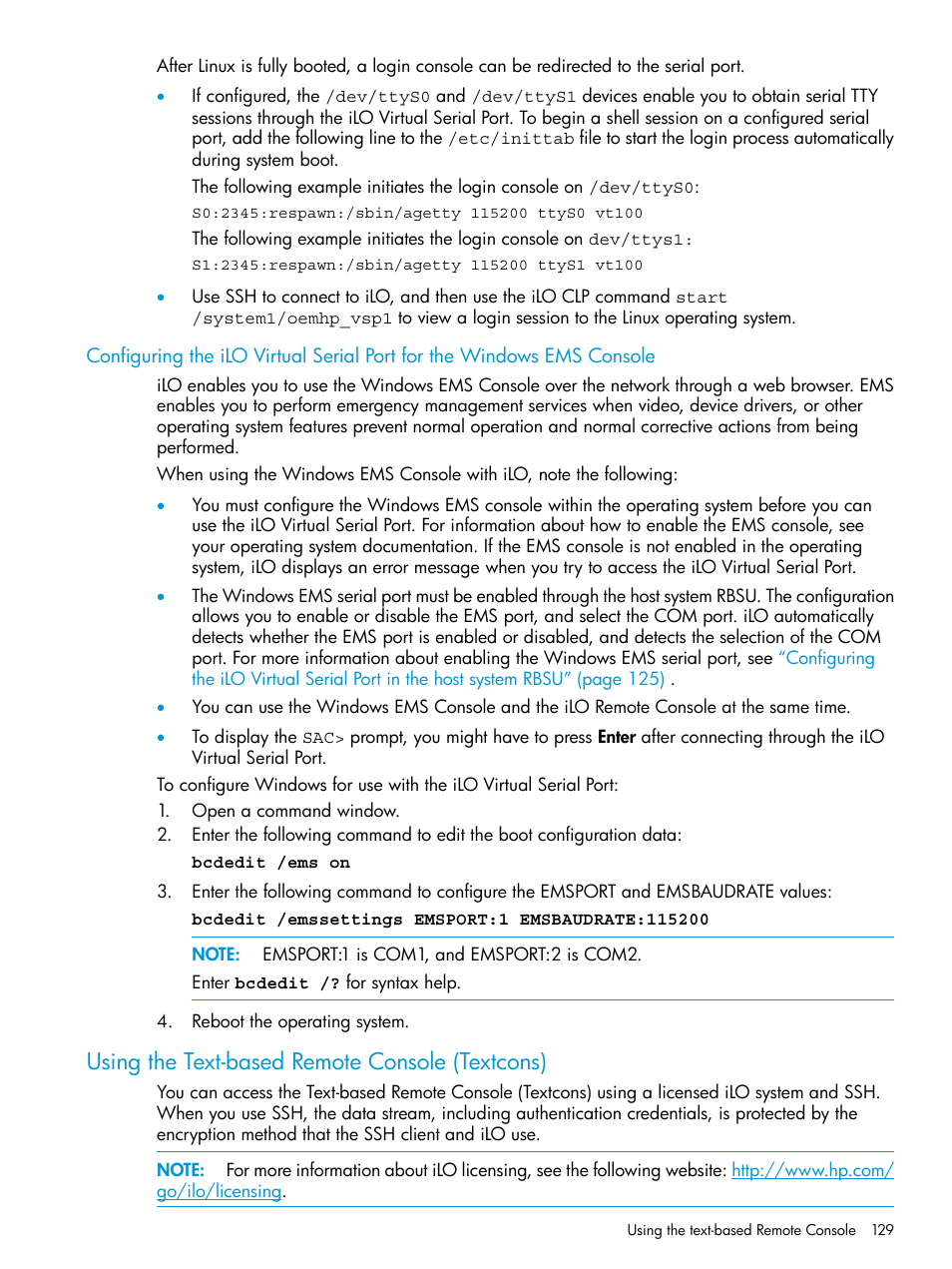 Using the text-based remote console (textcons), Configuring the ilo virtual | HP Integrated Lights-Out 3 User Manual | Page 129 / 256