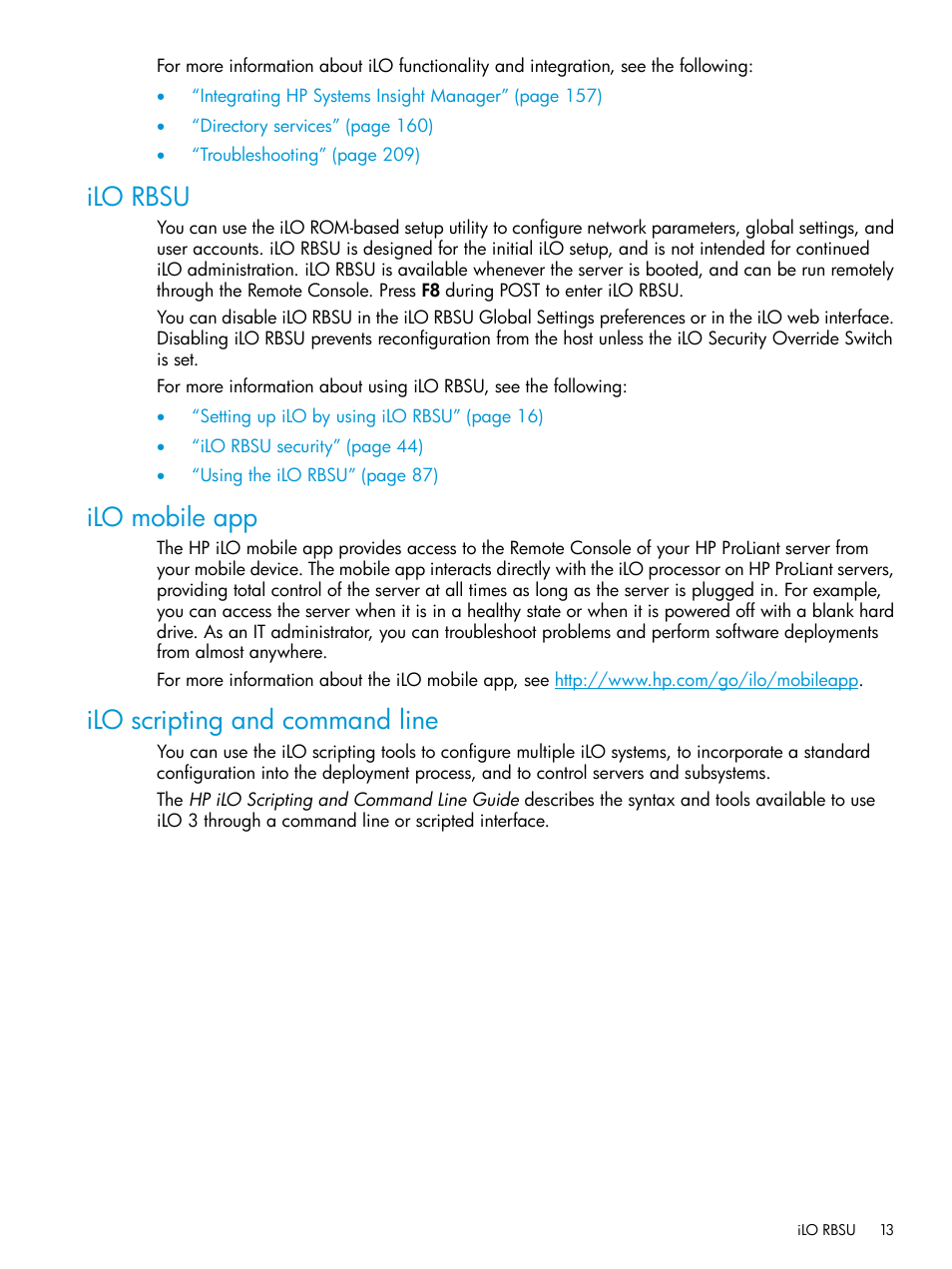 Ilo rbsu, Ilo mobile app, Ilo scripting and command line | HP Integrated Lights-Out 3 User Manual | Page 13 / 256