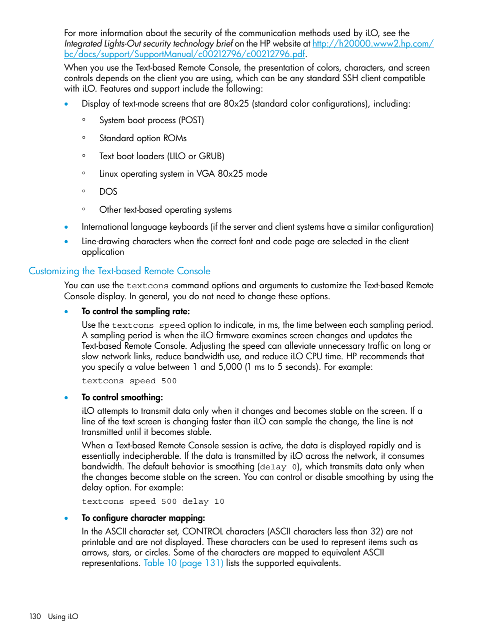 Customizing the text-based remote console | HP Integrated Lights-Out 3 User Manual | Page 130 / 256