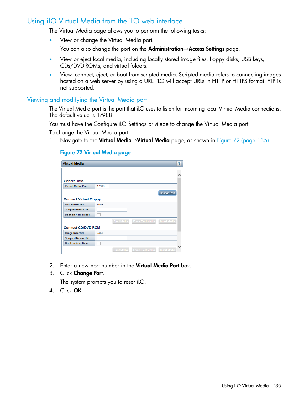 Using ilo virtual media from the ilo web interface, Viewing and modifying the virtual media port | HP Integrated Lights-Out 3 User Manual | Page 135 / 256