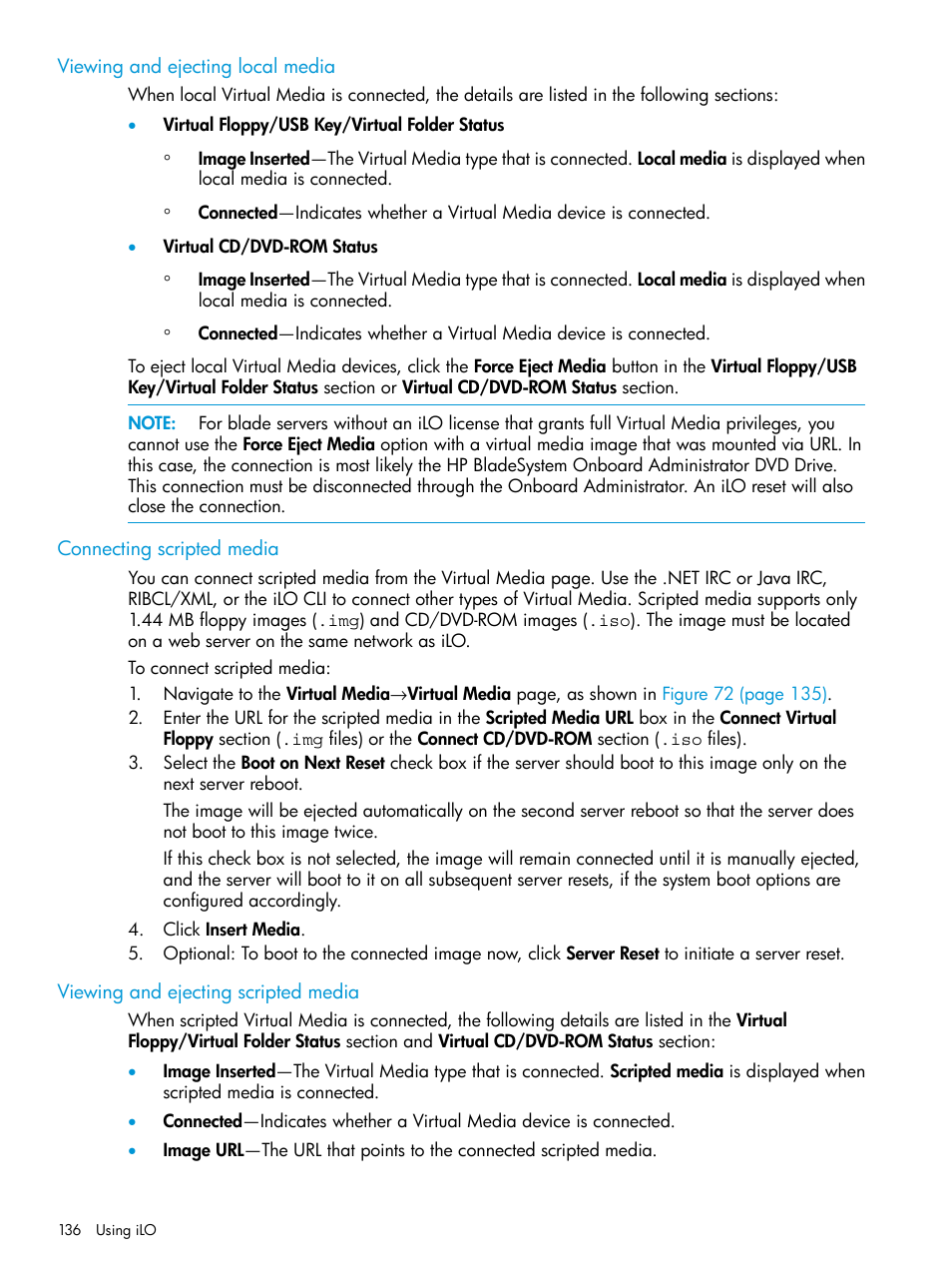 Viewing and ejecting local media, Connecting scripted media, Viewing and ejecting scripted media | HP Integrated Lights-Out 3 User Manual | Page 136 / 256