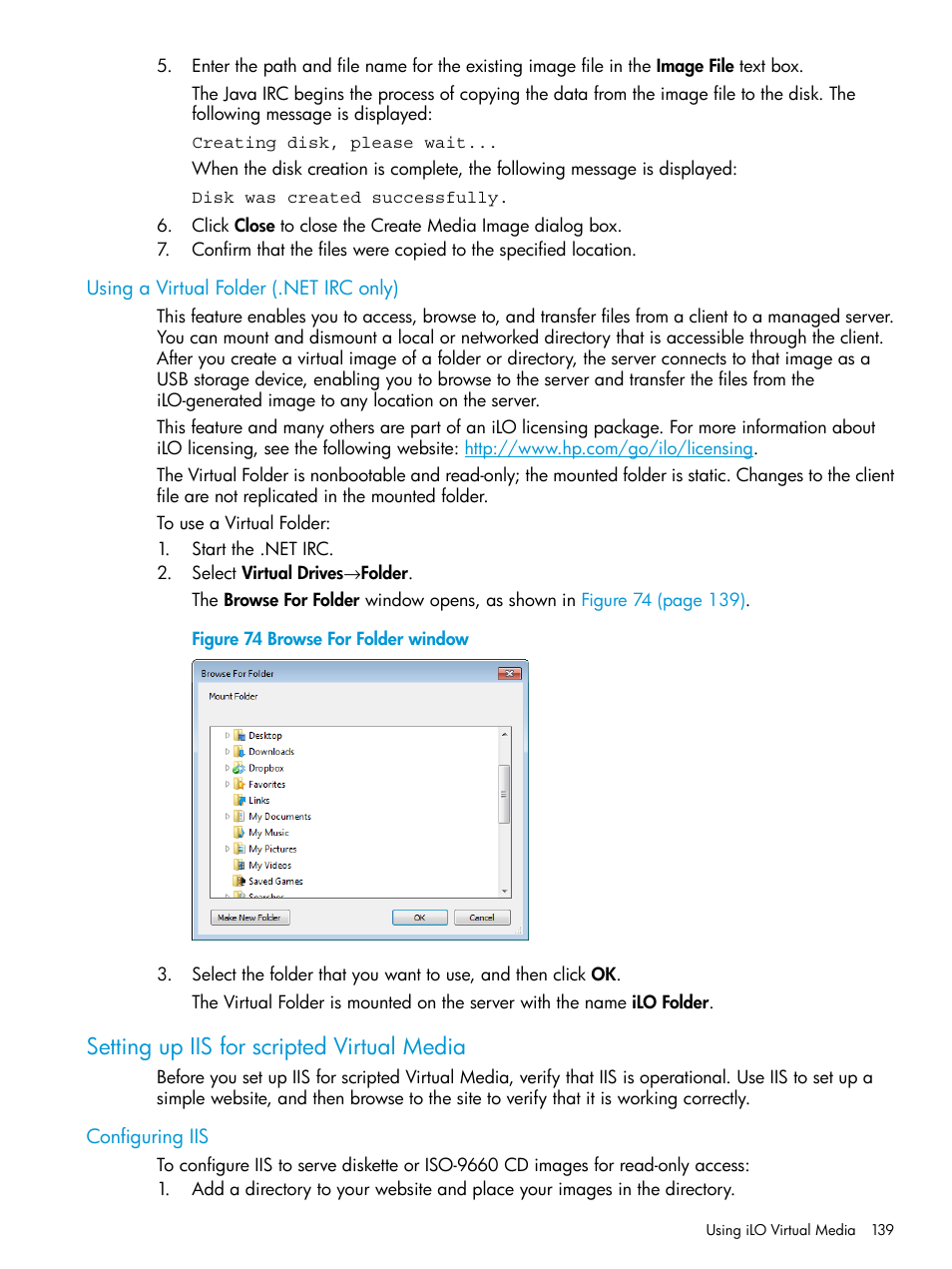 Using a virtual folder (.net irc only), Setting up iis for scripted virtual media, Configuring iis | HP Integrated Lights-Out 3 User Manual | Page 139 / 256
